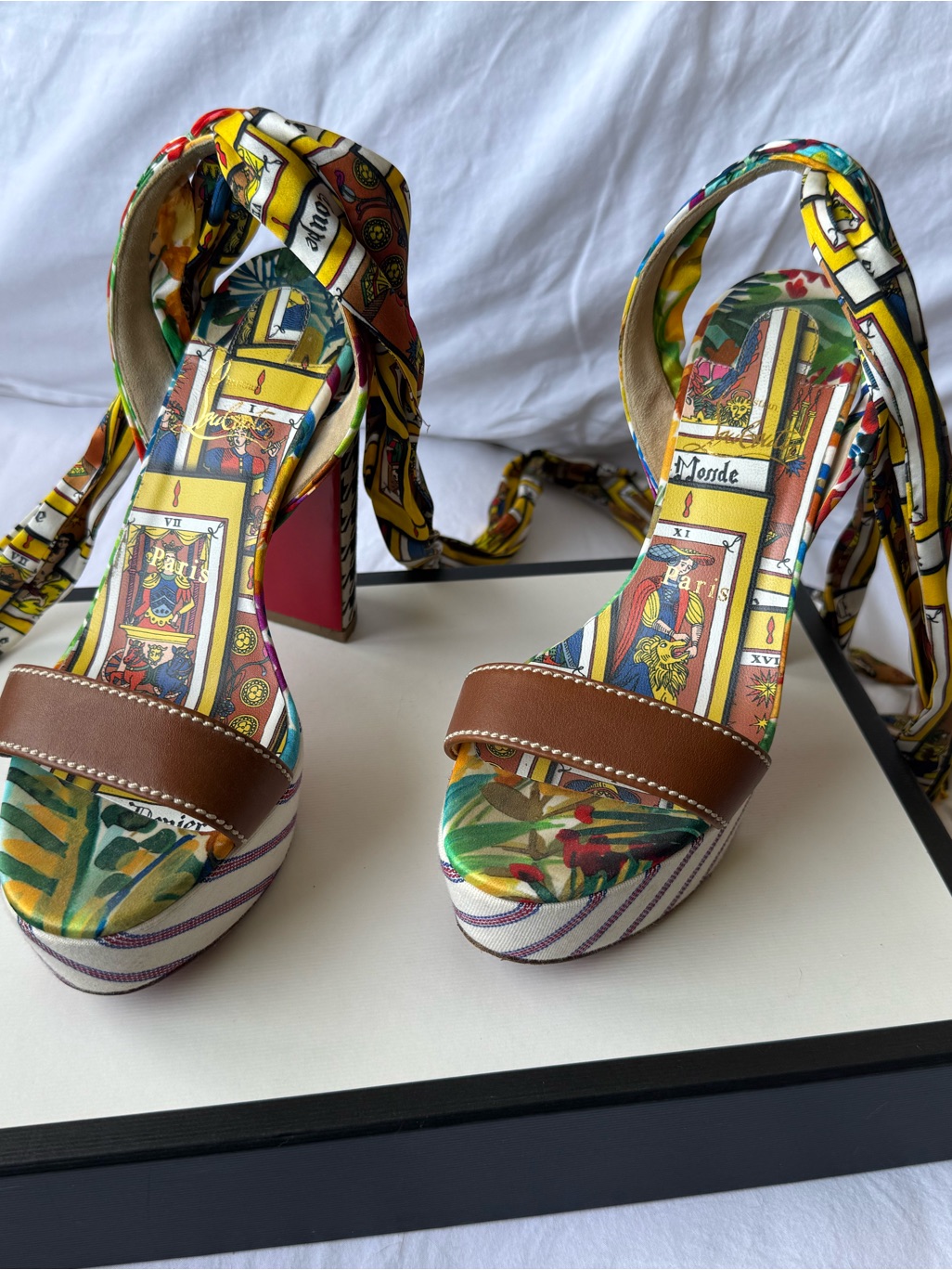 Christian Louboutin Multicolor Printed Platform Sandals With Brown Strap